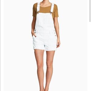 NWT light wash distressed short overalls